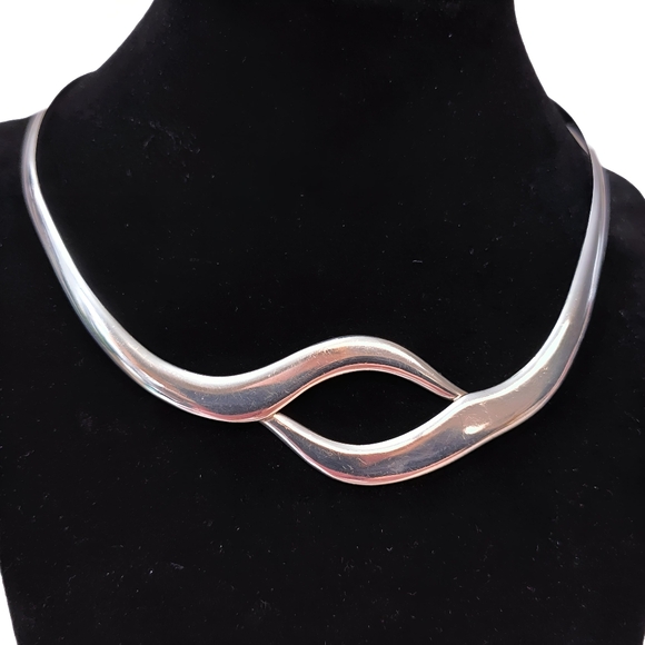 TAXCO Solid Sterling Silver Modernist Wave Eyelet Open back Collar Necklace - Picture 3 of 12